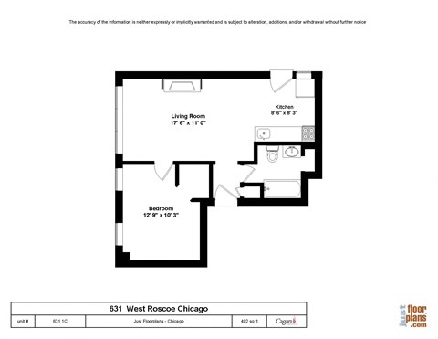 Floor plan for 1 bed, 1 bath, 517 sqft